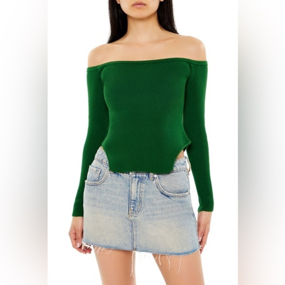 NWT FOREVER 21 OFF-THE-SHOULDER CUTOUT-HEM SWEATER Verdant Green Size Large